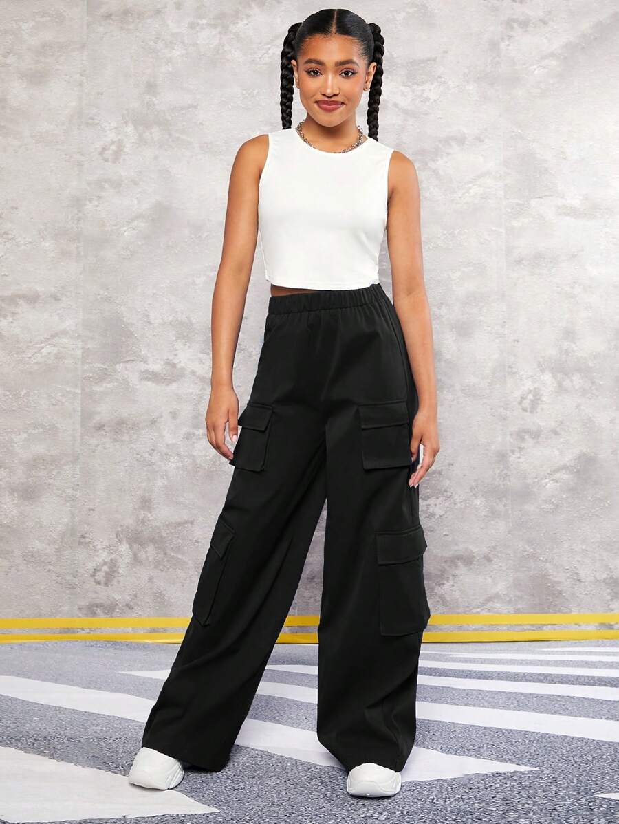 SHEIN Teen Girl Solid Tank Top & Flap Pocket Side Cargo Pants