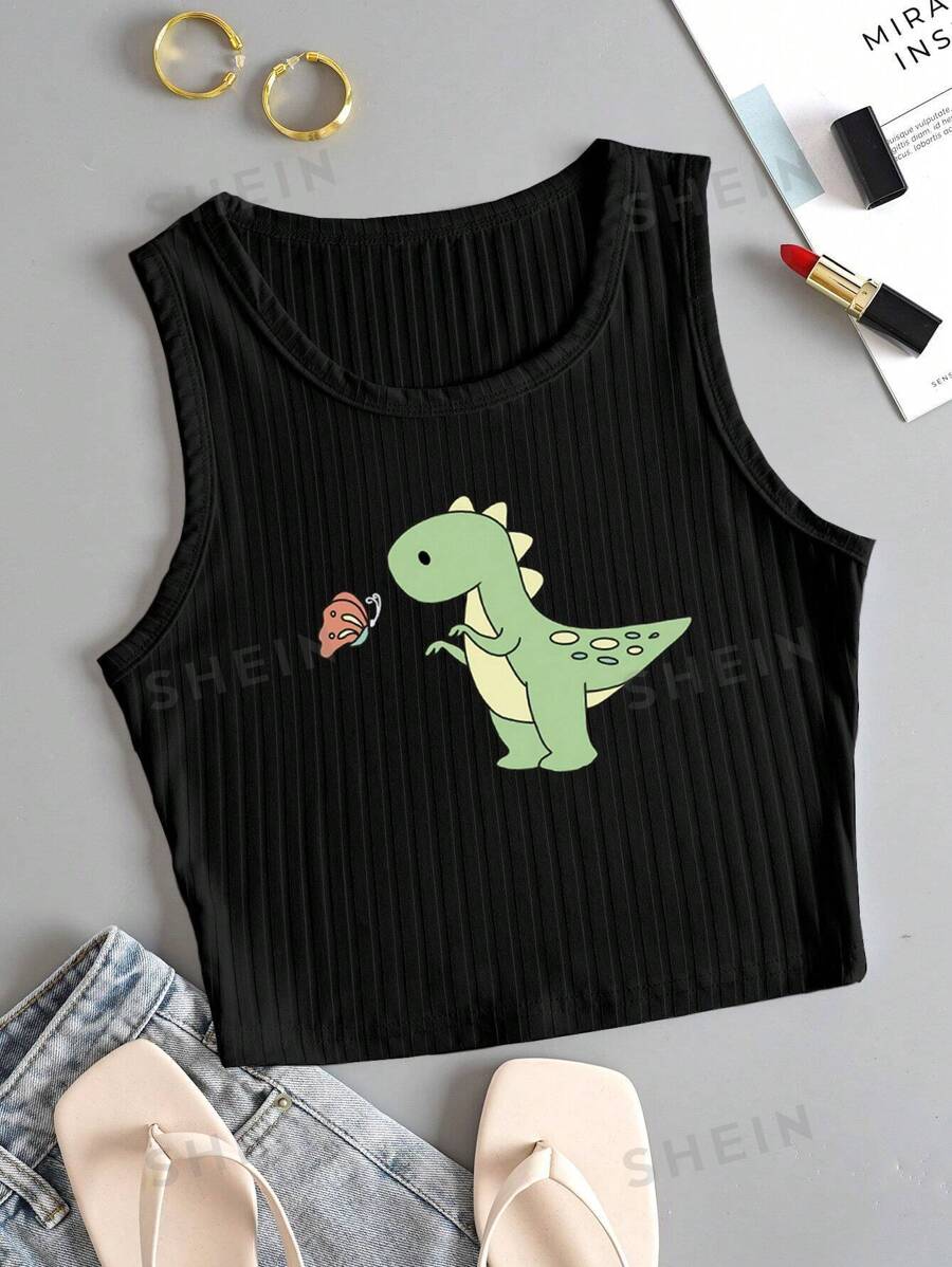 INAWLY Top tank con estampado de dibujos animados tejido de canalé