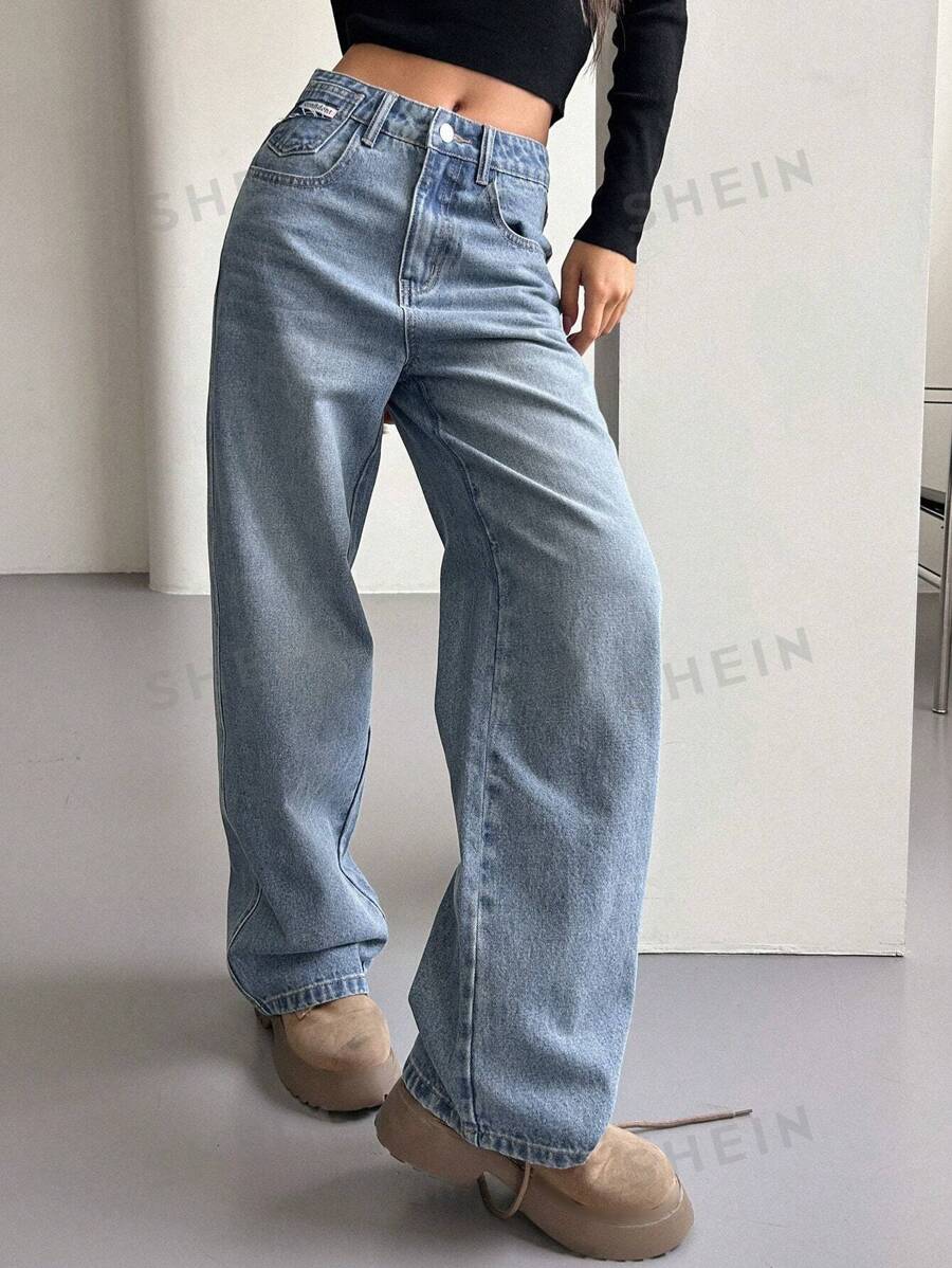 DAZY Pantalones vaqueros de pierna ancha con bolsillo en diagonal, pantalones vaqueros anchos