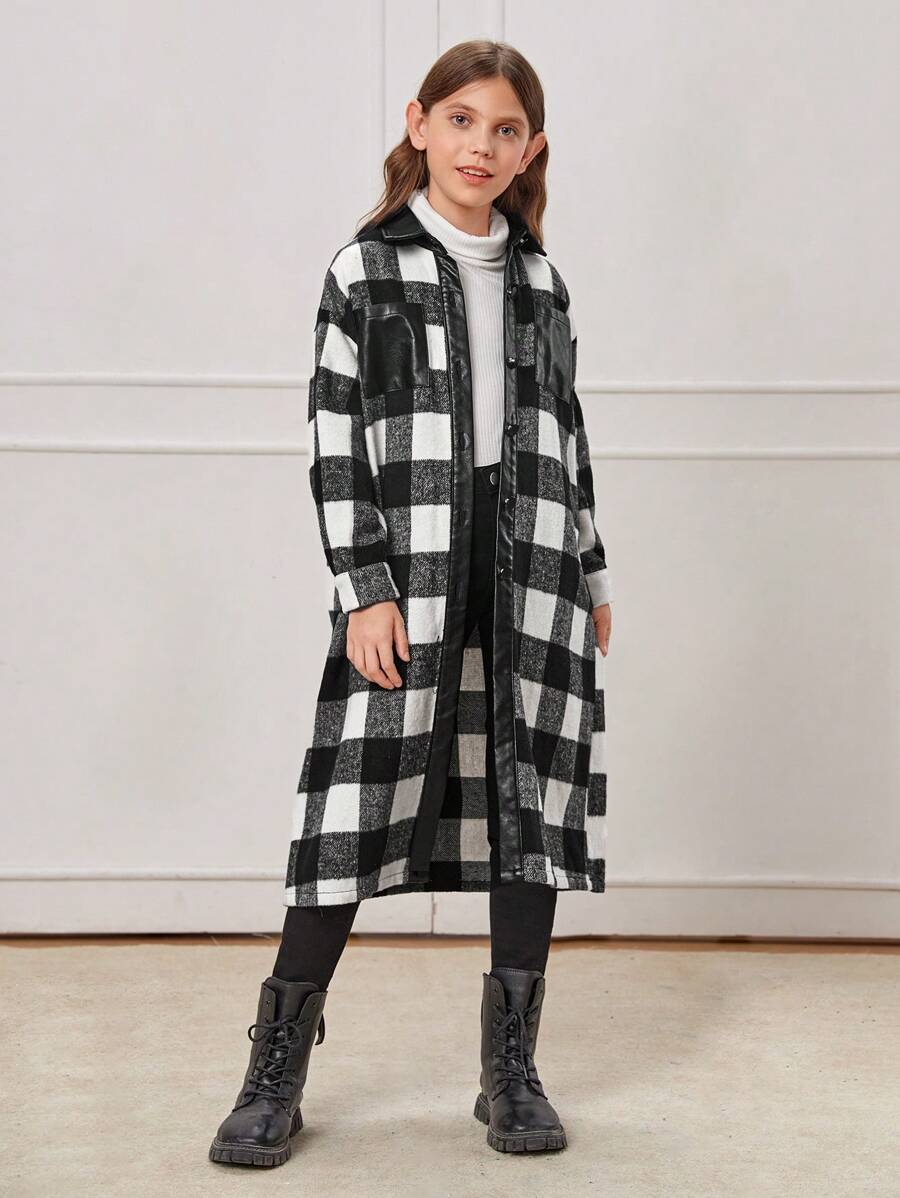 SHEIN Tween Girl Buffalo Plaid Print Drop Shoulder Pocket Patched Overcoat Without Tee