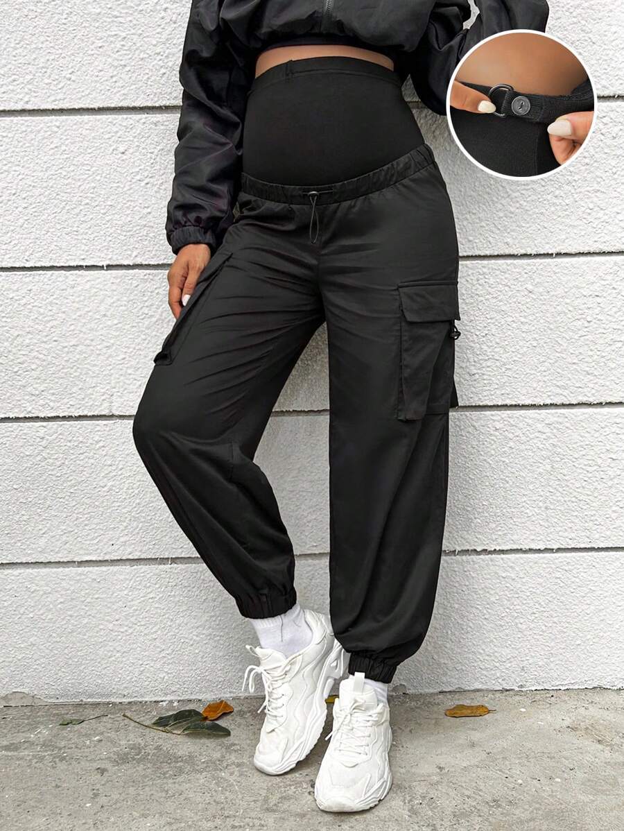 SHEIN Maternidad Pantalones cargo con bolsillo lateral con solapa de cintura ajustable