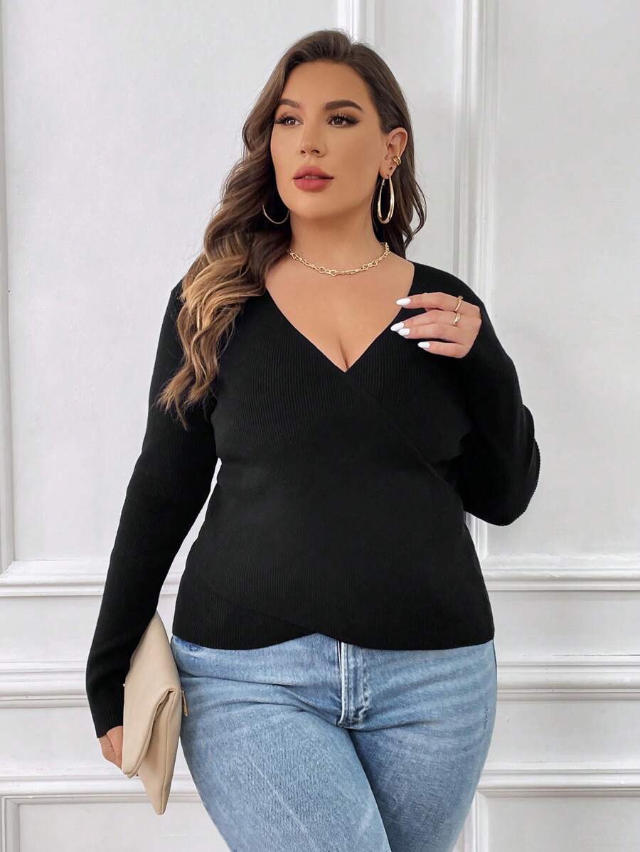 SHEIN Essnce Plus Solid Wrap Cross Ribbed Knit Sweater