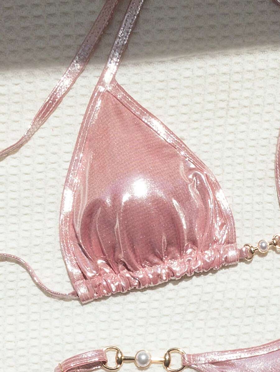 SHEIN X Hangout Fest SHEIN Swim Mod Metálico Corrente Ligada Maiô de Bikini de Halter Triângulo