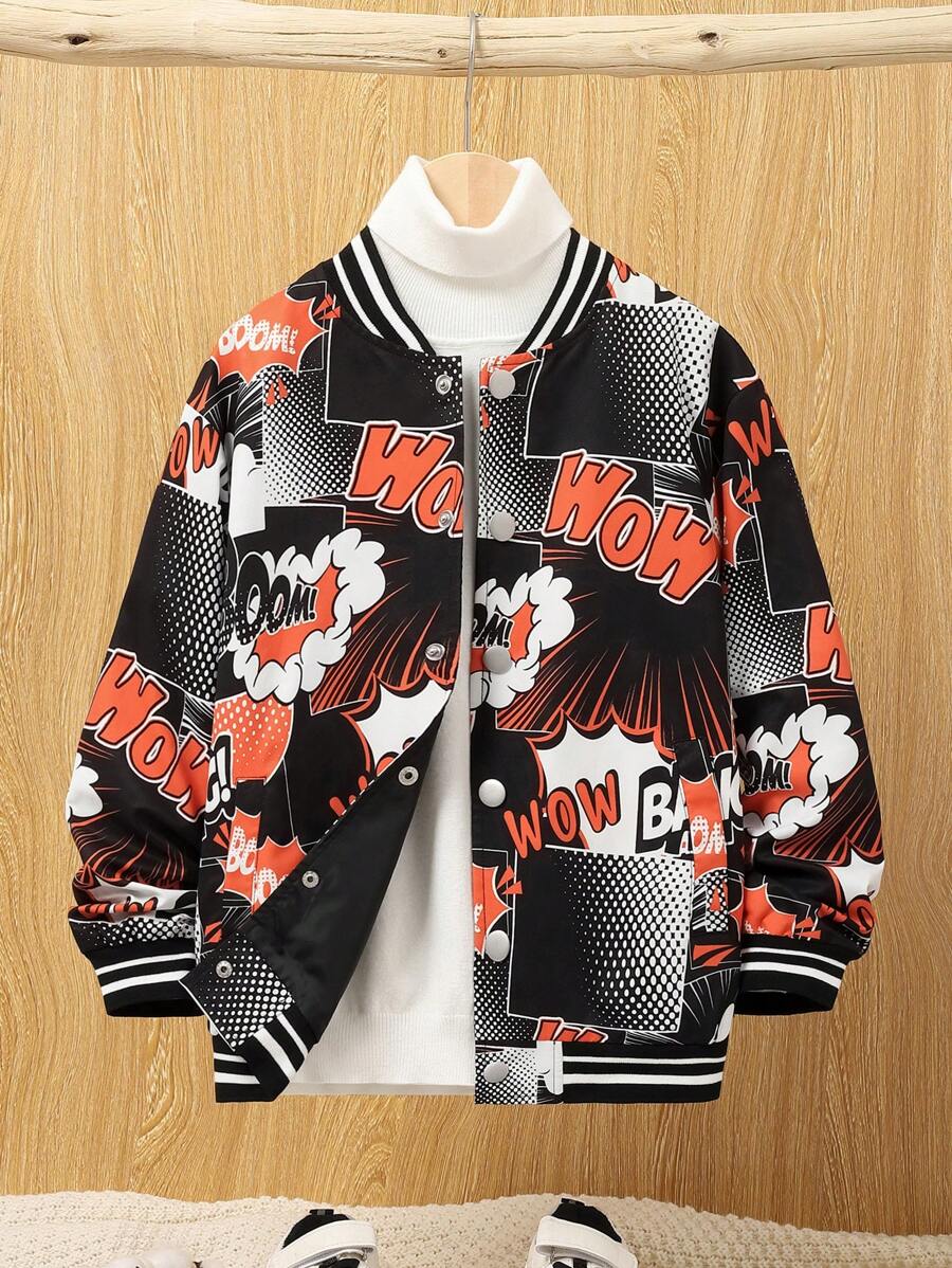 SHEIN Garoto pré-adolescente Gráfico de Letra & Cartoon Guarnição Listrada Jaqueta Bomber