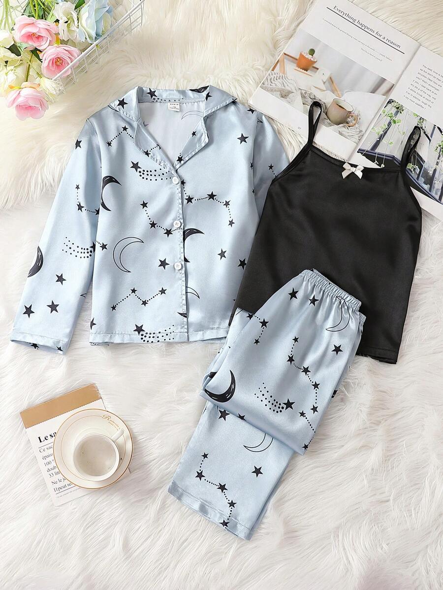 3pcs/Set Tween Girl Comfortable Soft Star Printed Satin Glossy Collar Long Sleeve Top, Long Pants, And Strap Pajamas