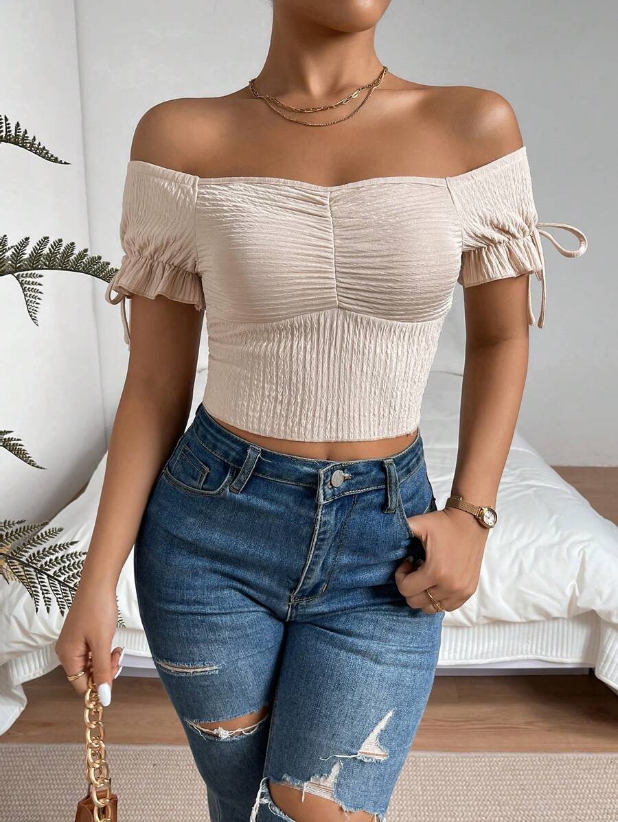 SHEIN Privé Off Shoulder Ruched Bust Knot Side Crop Top