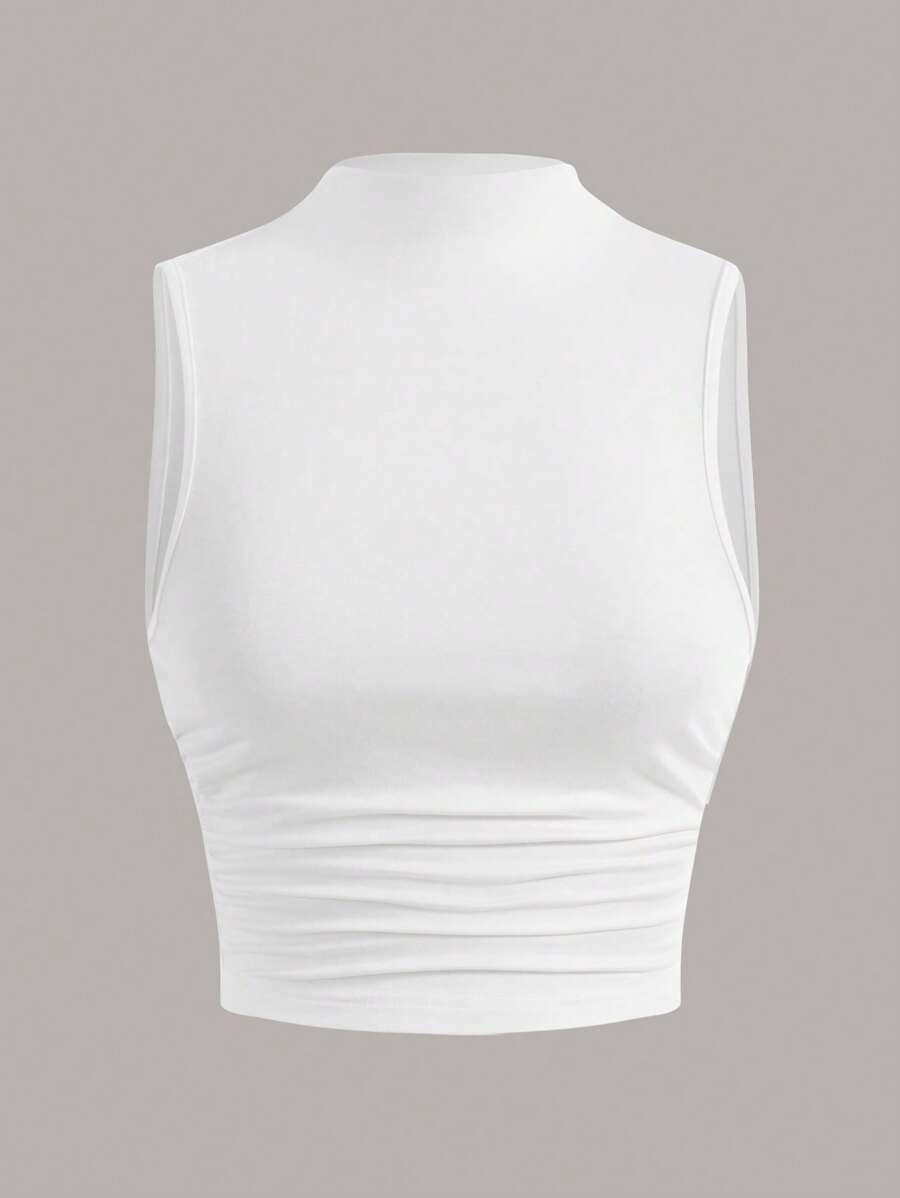 SHEIN EZwear Summer Going Out Mock Neck Ruched Side White Summer Tank Top