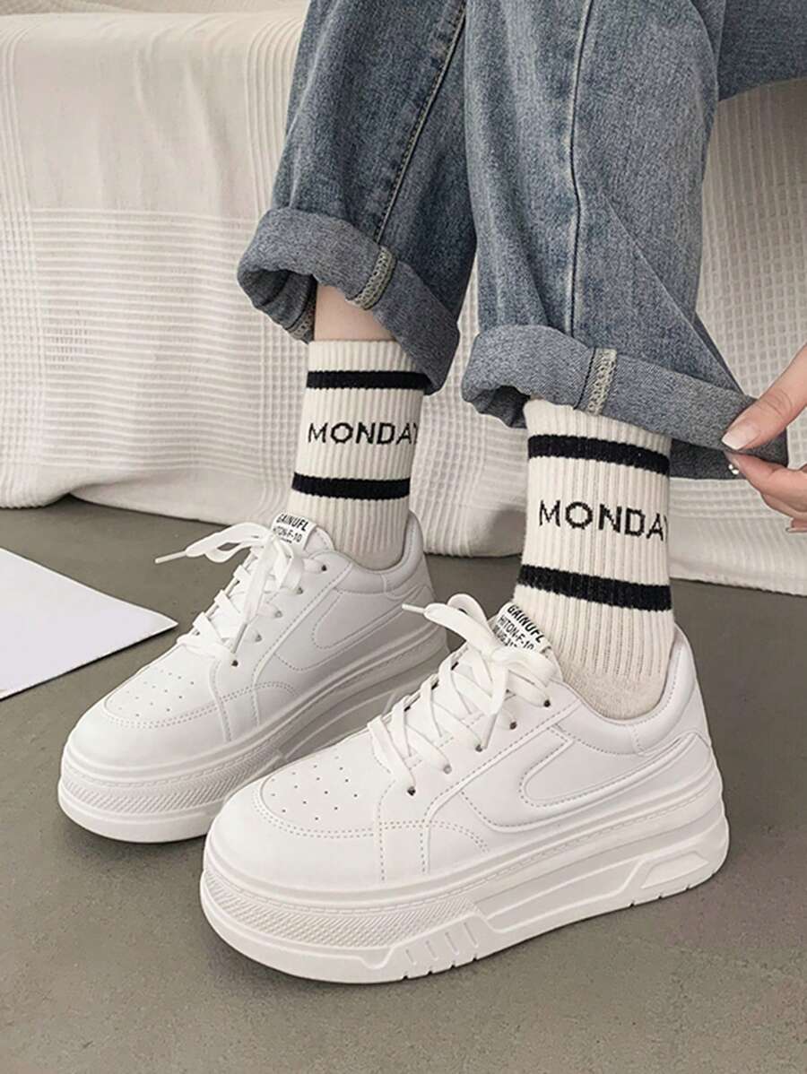 Women's Fashionable Wedge Heel Thick Sole Athletic Shoes, White Laced Breathable Increased Height Casual Sneakers For Spring Daily, Simple Yet Elegant Look, White Student Shoes