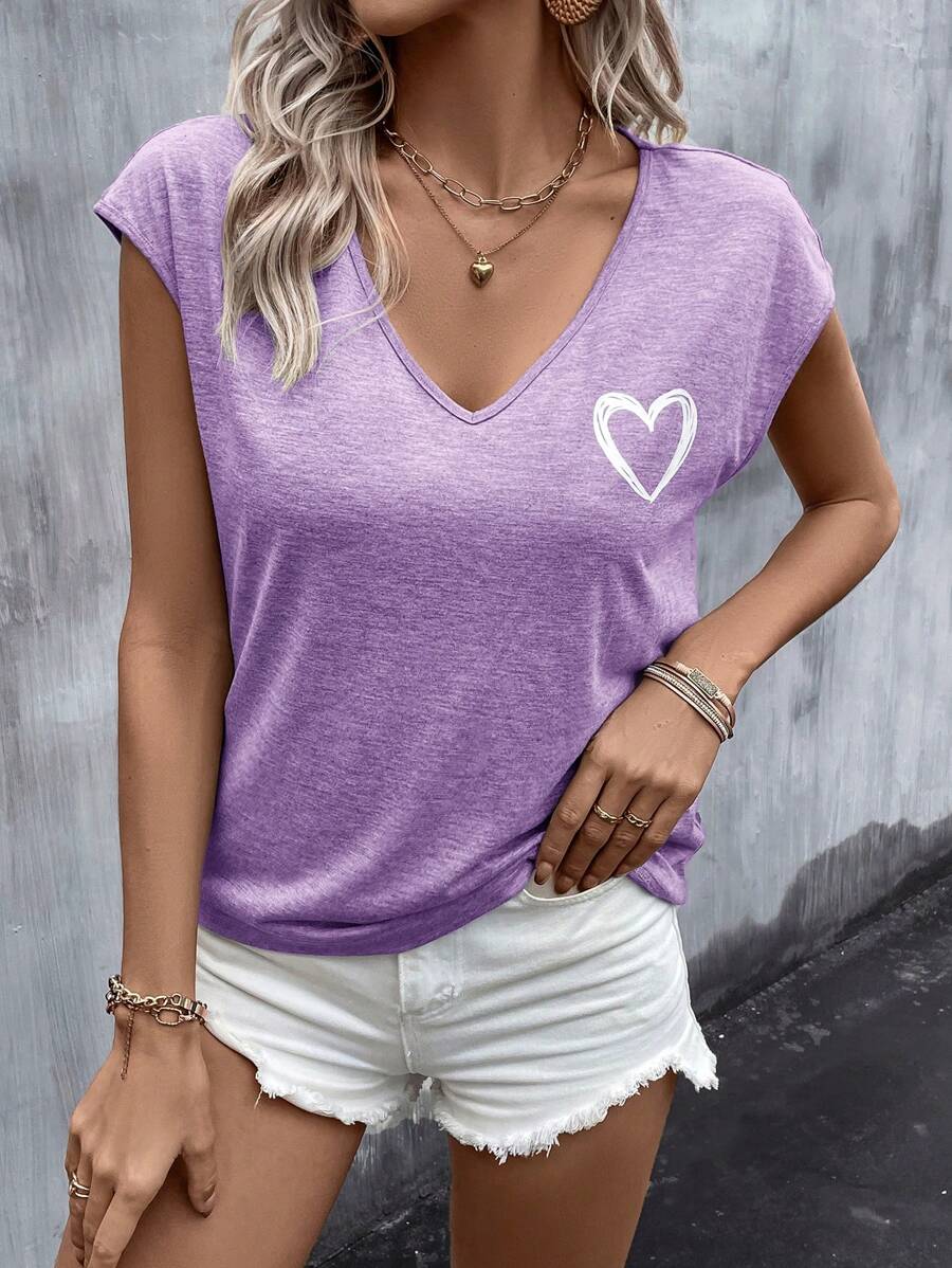 EMERY ROSE Summer Outfits Heart Print Batwing Sleeve Tee