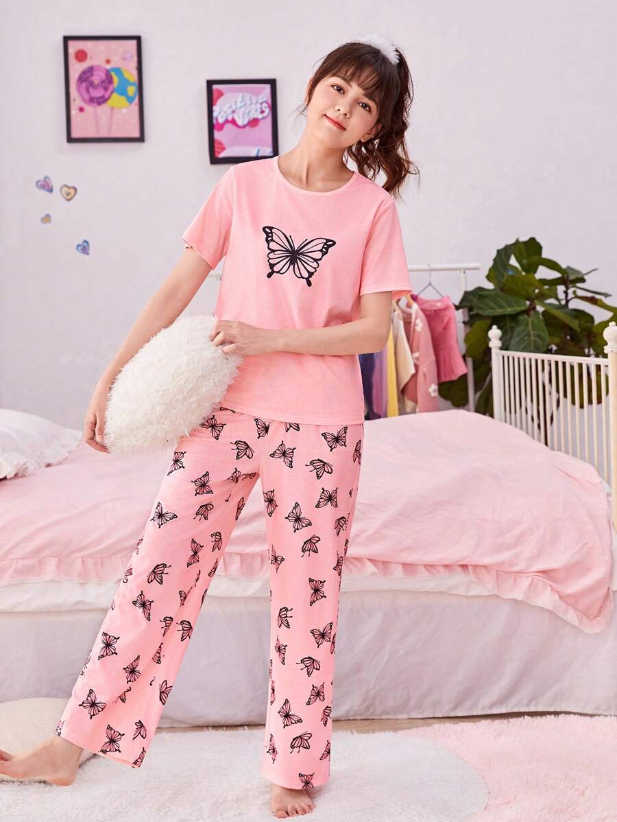 Teen Girl Butterfly Print Tee & Pants PJ Set