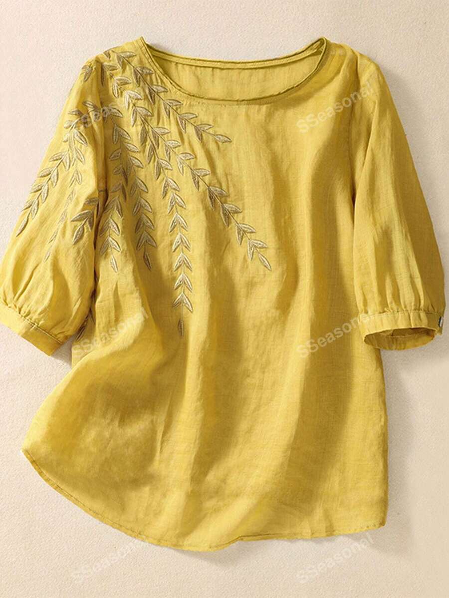 Plants Embroidery High Low Hem Blouse