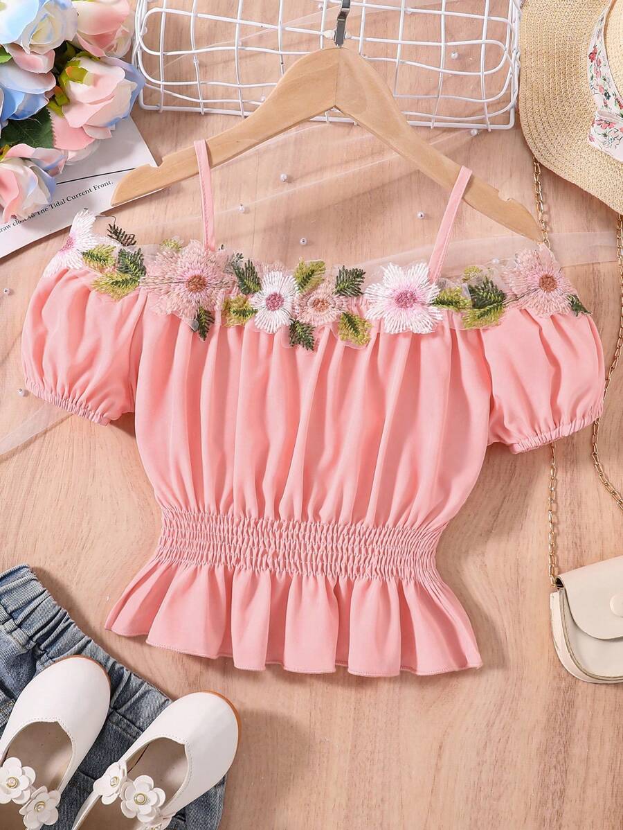 SHEIN Tween Girl Floral Appliques Cold Shoulder Peplum Blouse