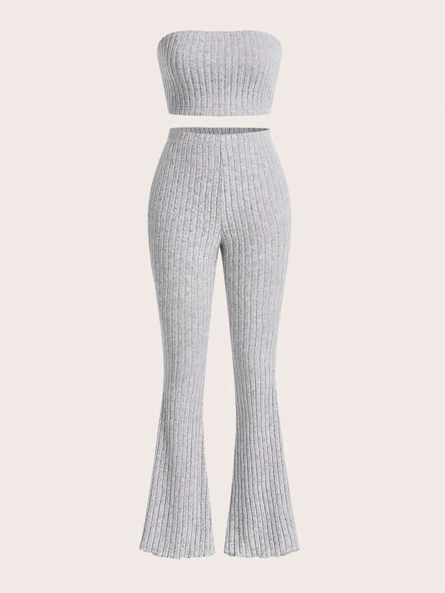 SHEIN EZwear Unicolore Top Bandeau & Pantalon Évasé