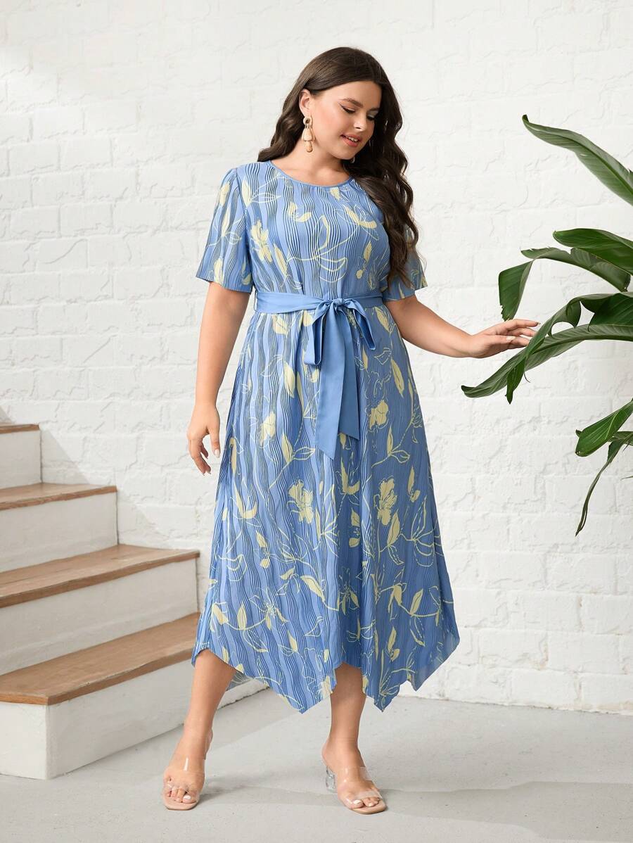 Mulvari Plus Allover Floral Print Hanky Hem Belted Dress