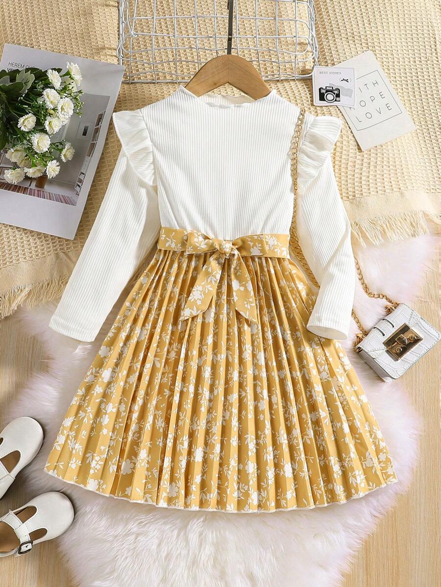 SHEIN Kleines Mädchen Kleid mit Gürtel, Blume Muster, Rüschenbesatz, Falten am Saum,