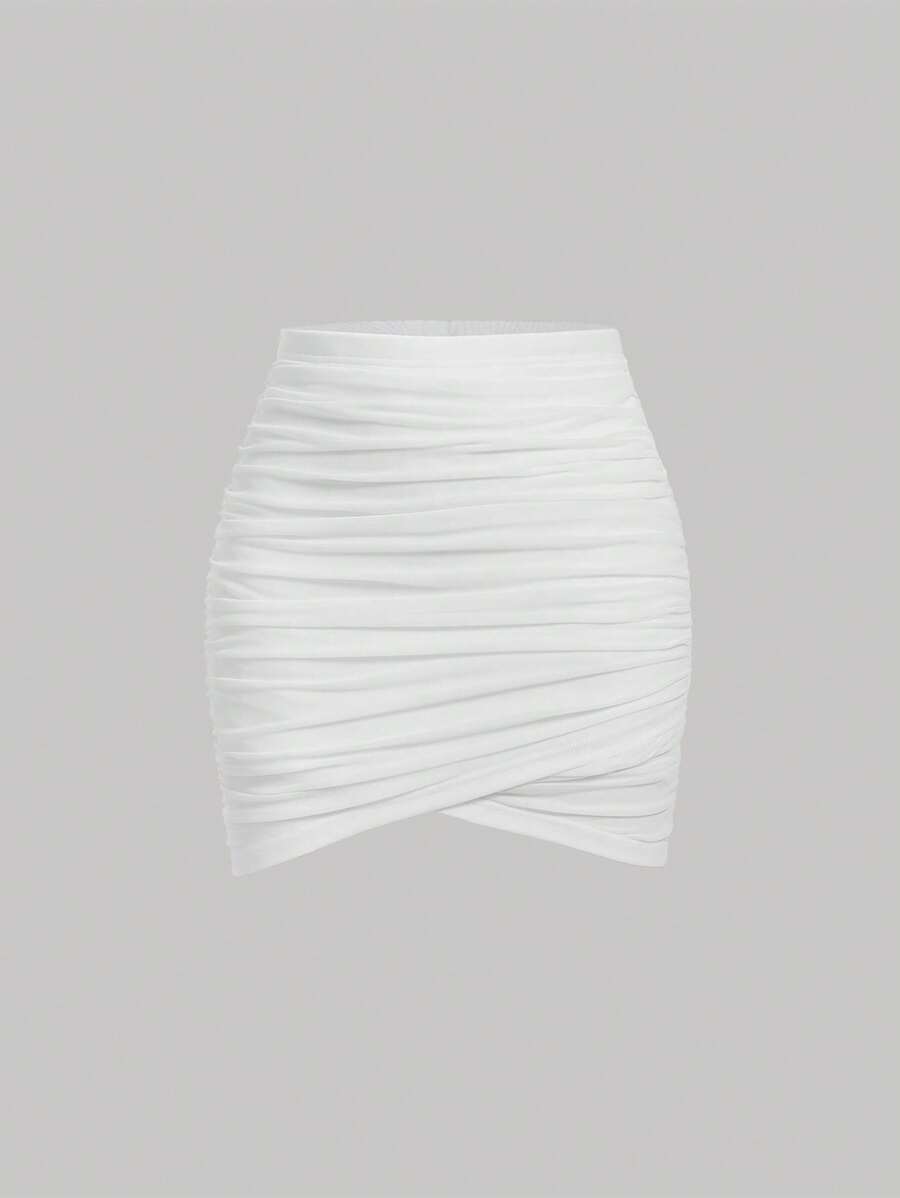 SHEIN MOD Solid Ruched Wrap Hem Bodycon White Summer Skirt