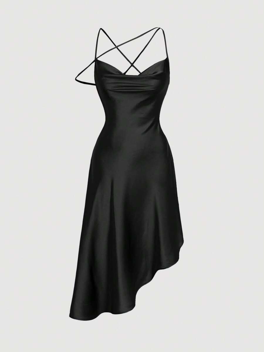 SHEIN MOD Solid Criss Cross Backless Asymmetrical Hem Dress