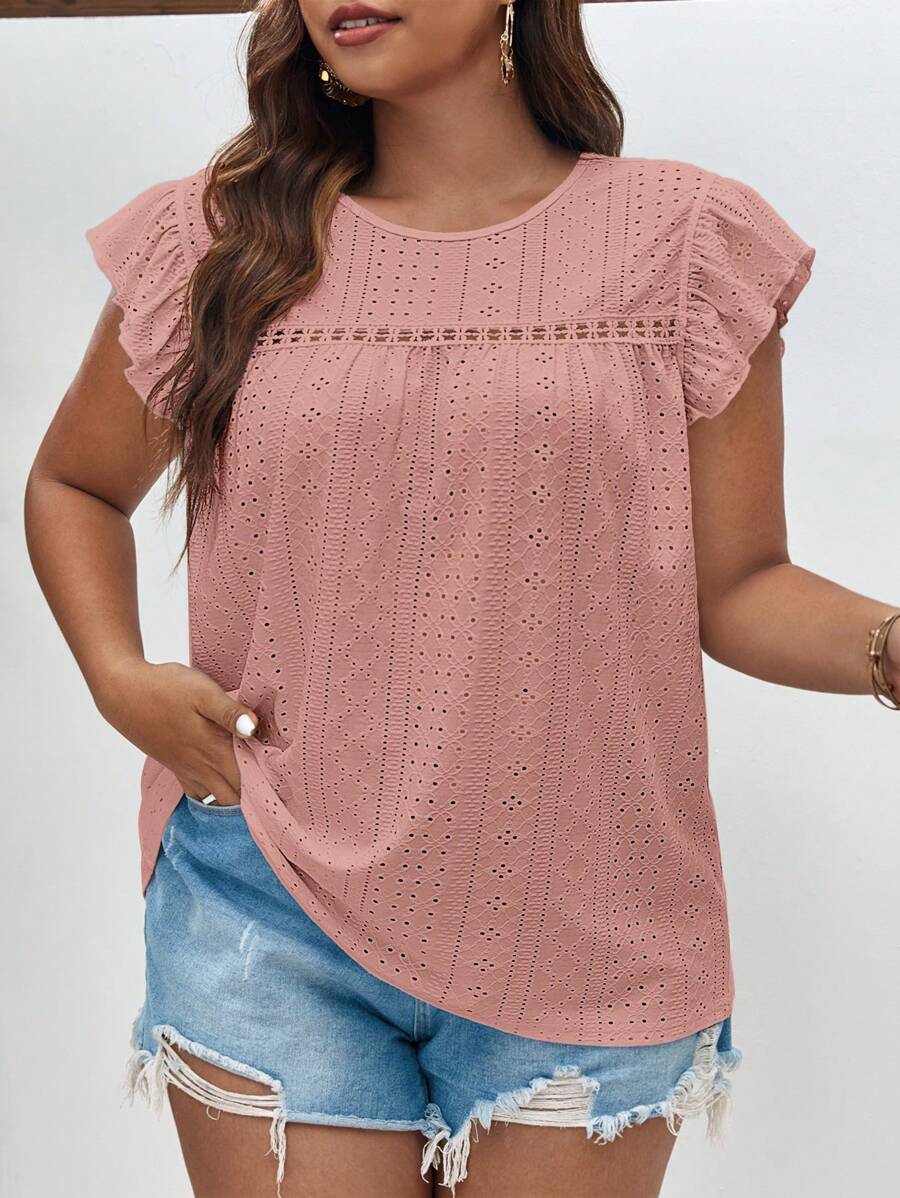 SHEIN Frenchy Plus Eyelet Embroidery Butterfly Sleeve Schiffy Tee