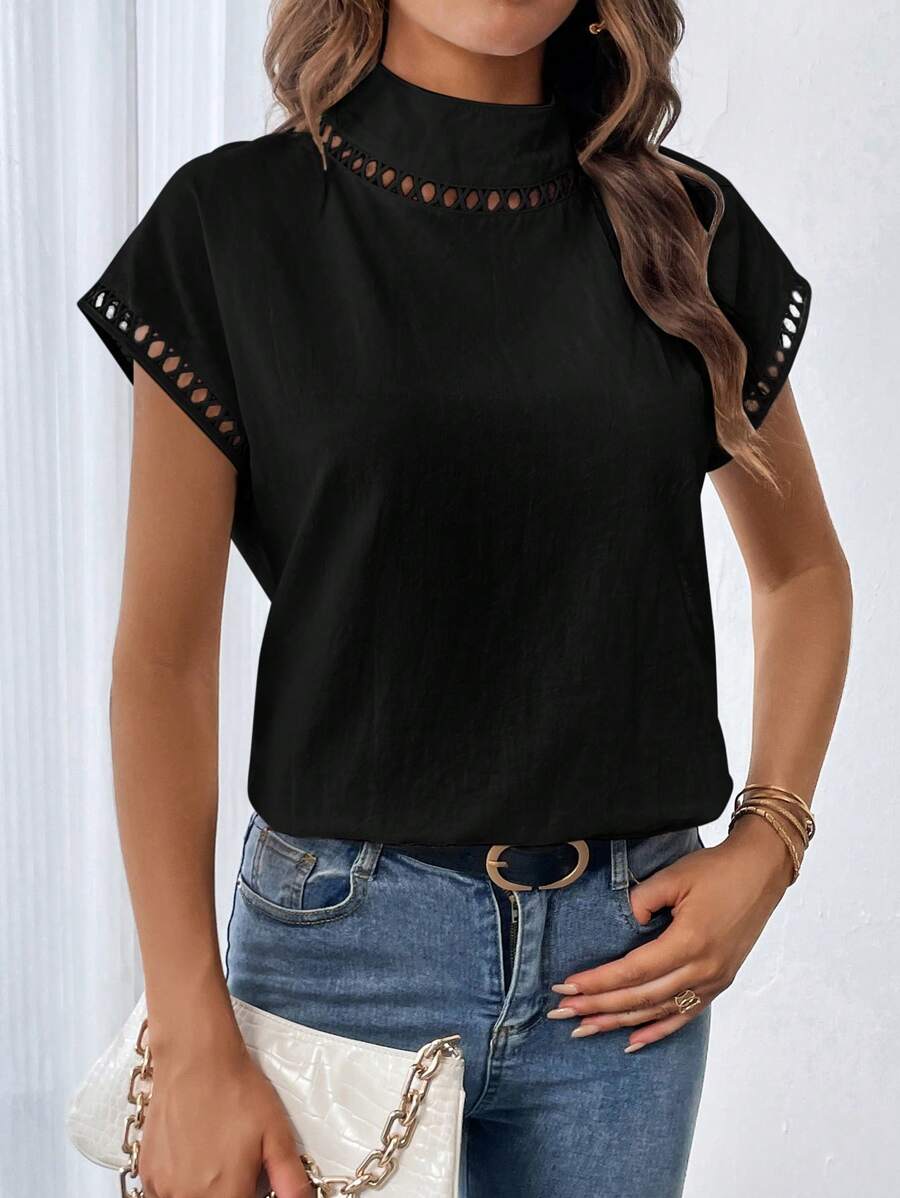 SHEIN Essnce Contrast Guipure Lace Mock Neck Batwing Sleeve Blouse