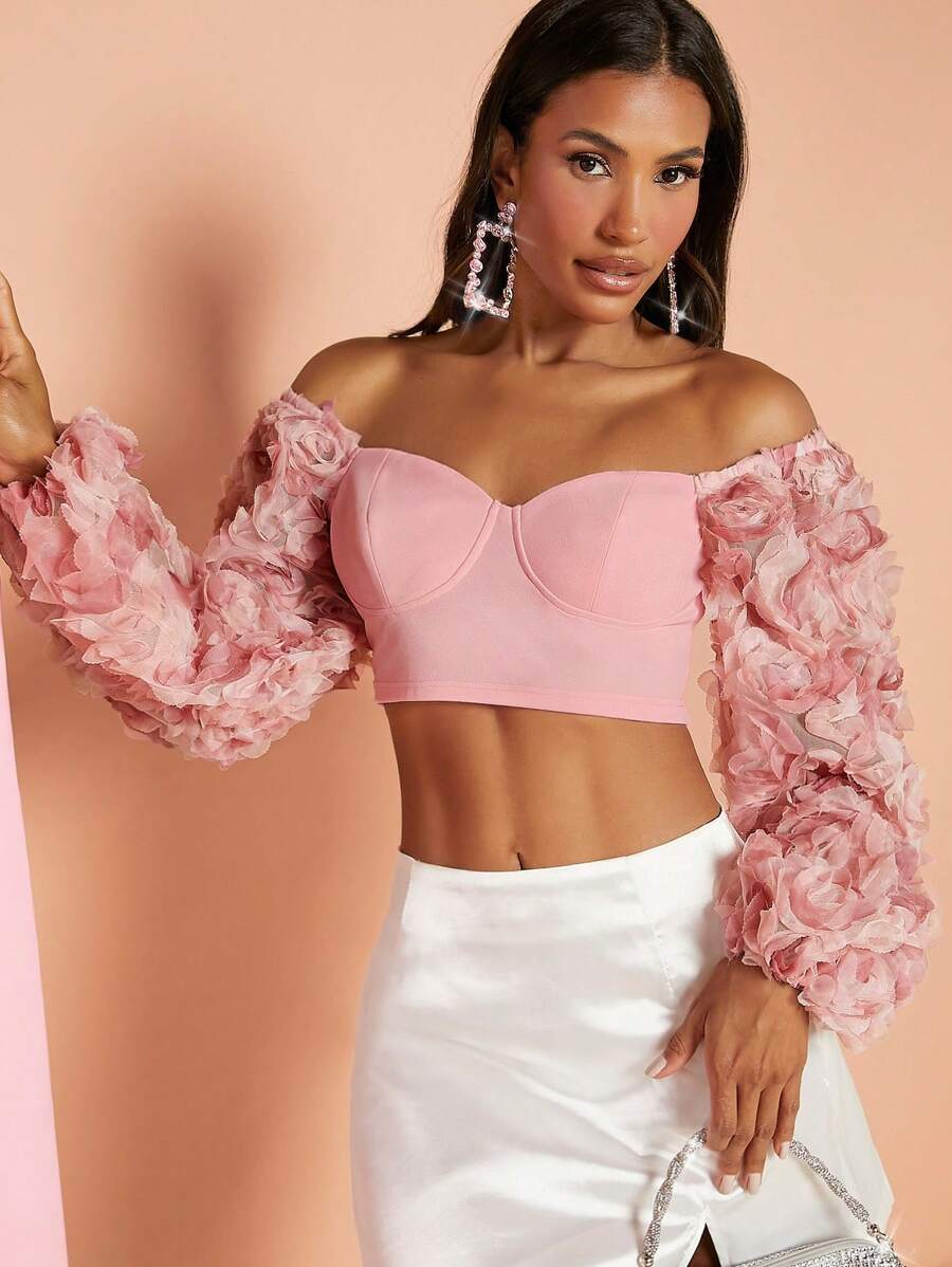 SHEIN BAE Off Shoulder Appliques Detail Lantern Sleeve Crop Top