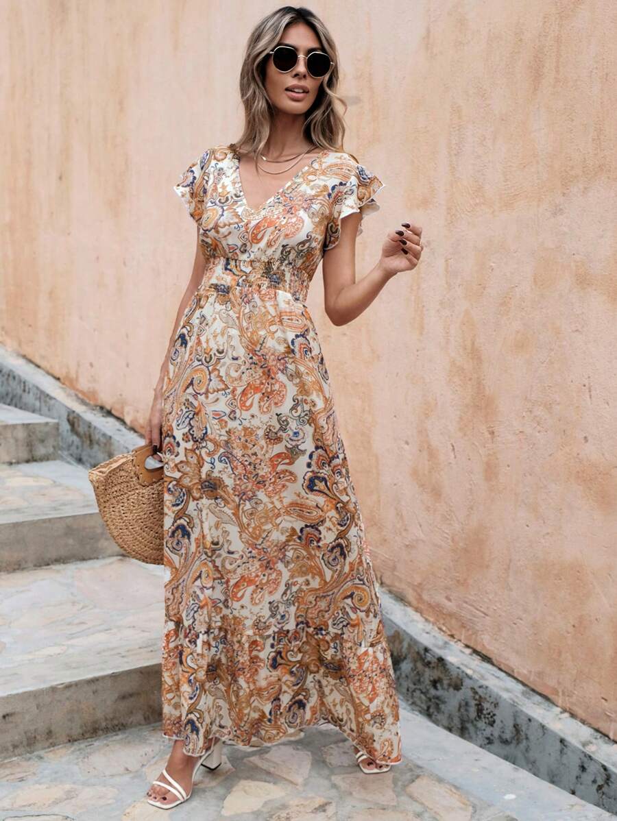 RueChic Vestido con estampado de paisley de manga mariposa bajo con fruncido