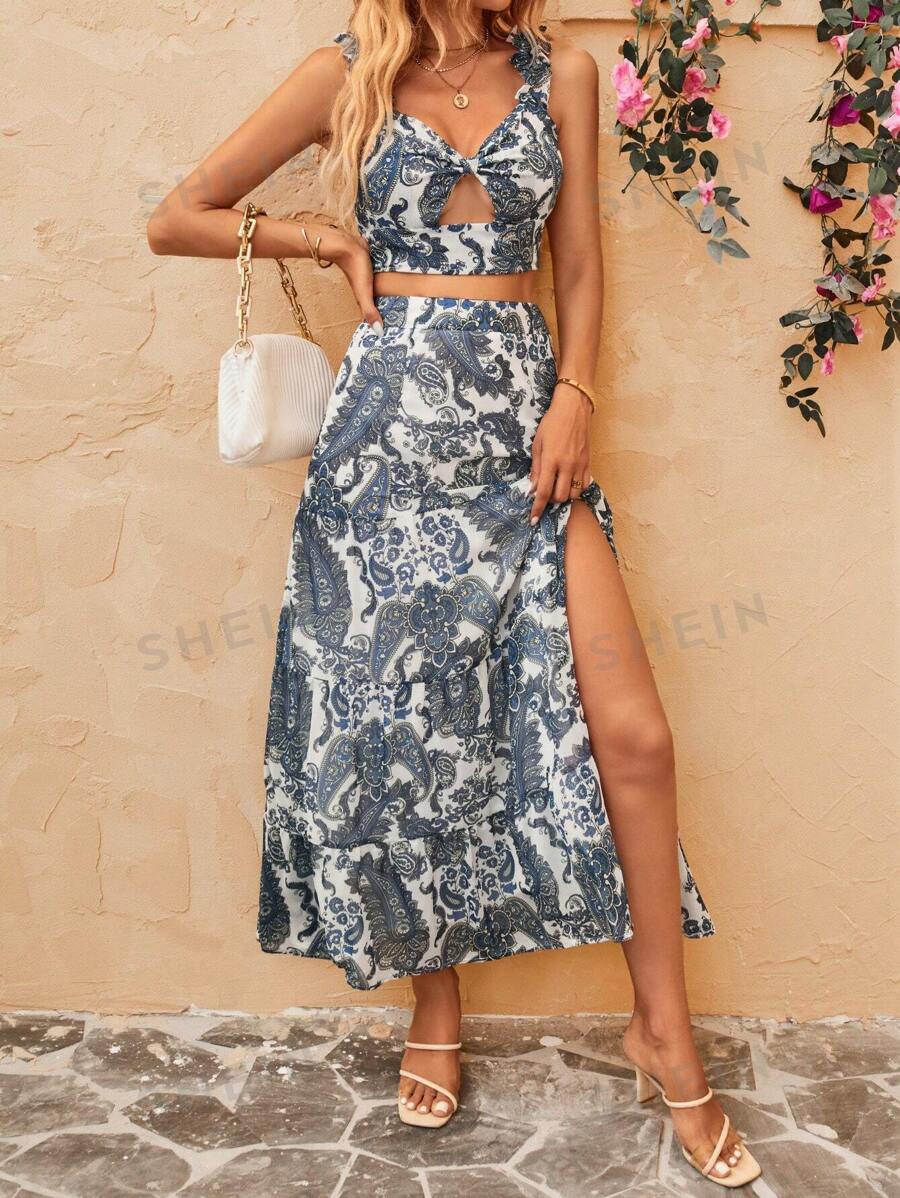 Aveloria con estampado de paisley fruncido delantero correa ancha Top & de muslo con abertura Falda