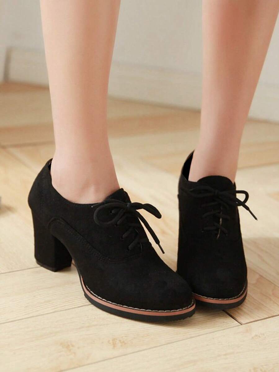 Women Lace-up Front Point Toe Chunky Heeled Pumps Elegant Faux Suede Oxford Pumps, Women's Oxford Shoes With Black Sole & High Heel, Elegant Solid Color