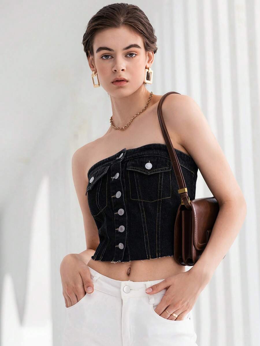SHEIN Essnce Button Front Tube Denim Top