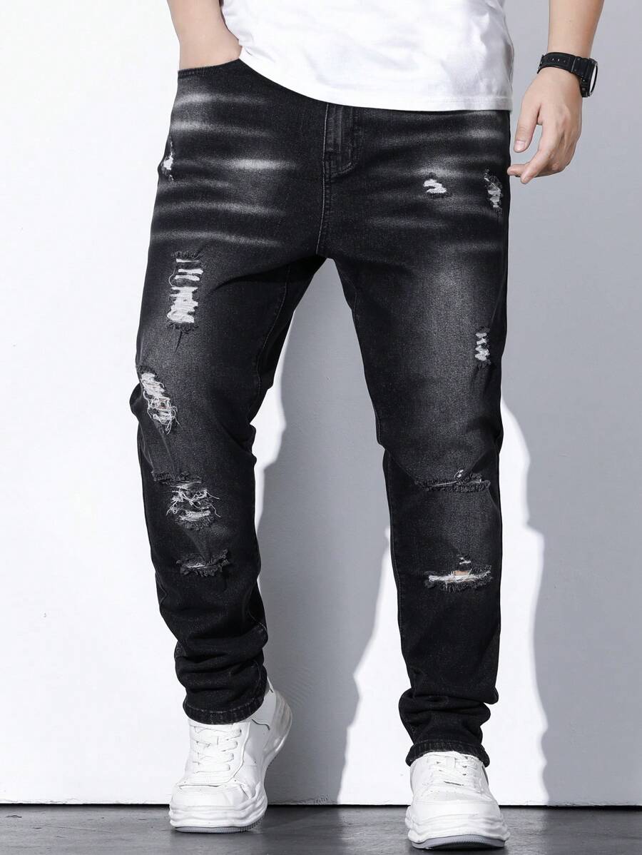 Manfinity EMRG Men Plus Ripped Frayed Bleach Wash Jeans Slim Fit Long Jean Cargo Plain Black Casual Size
