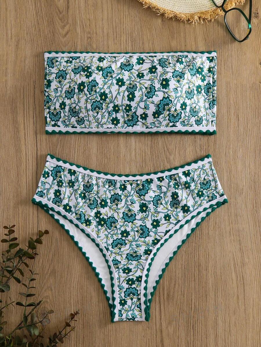 Swim Mod Conjunto bikini bandeau con diseño floral para playa en verano