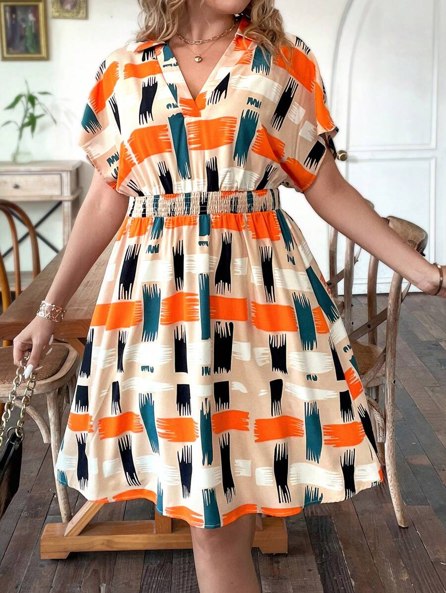 Calvaya Plus Geo Print Batwing Sleeve Dress