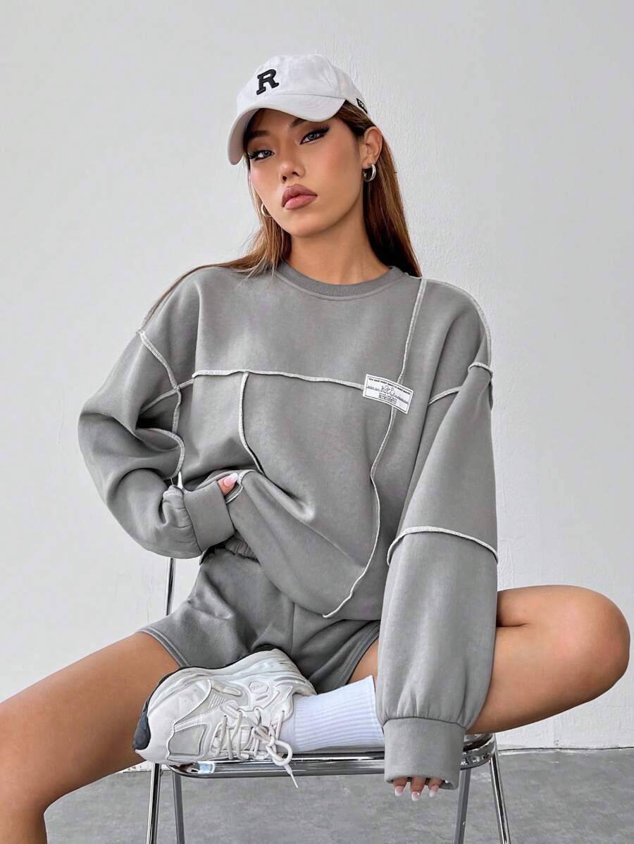 SHEIN EZwear Letter Patched Top-stitching Drop Shoulder Pullover