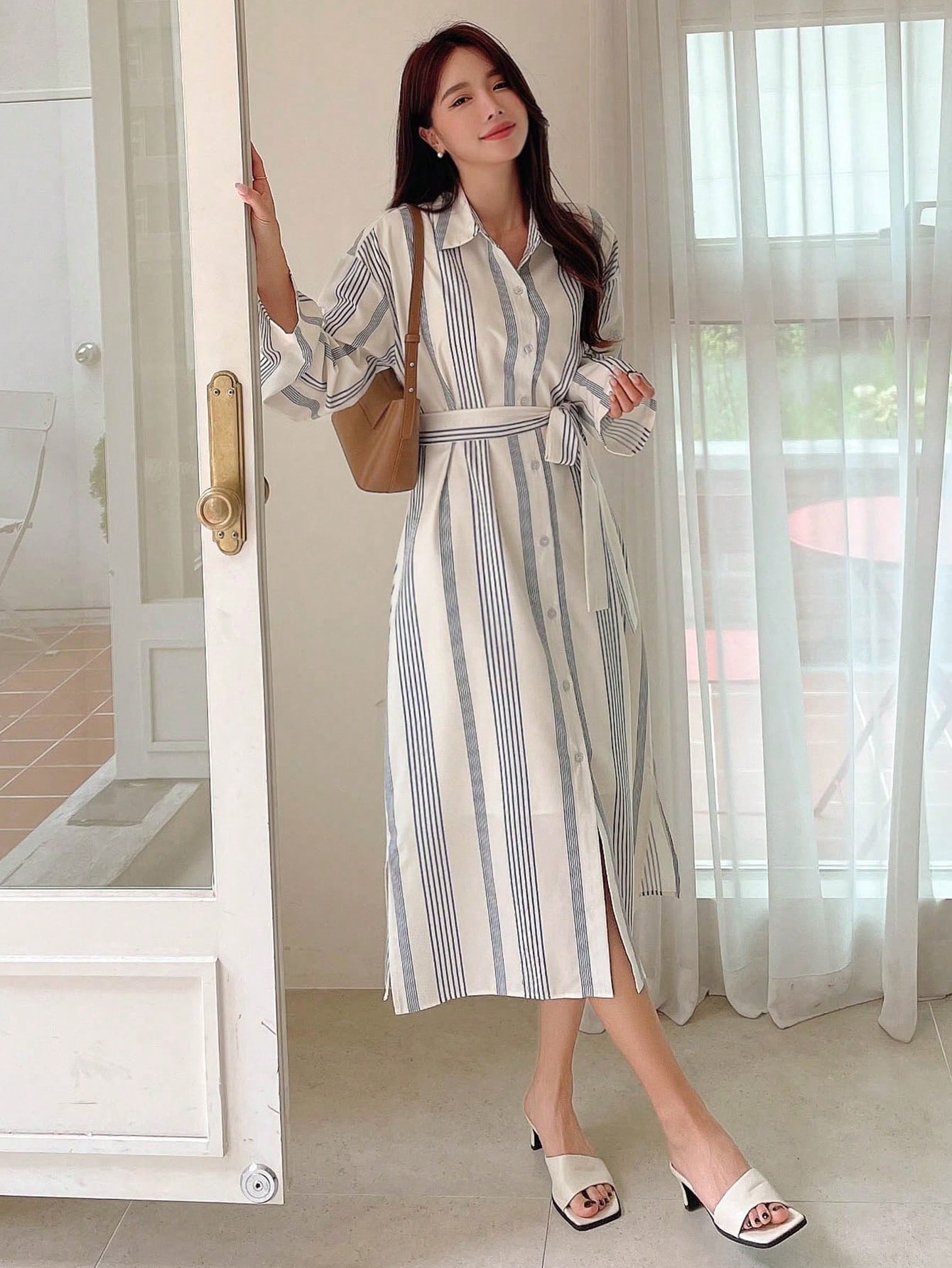 Striped Print Belted Shirt Dress｜DAZY