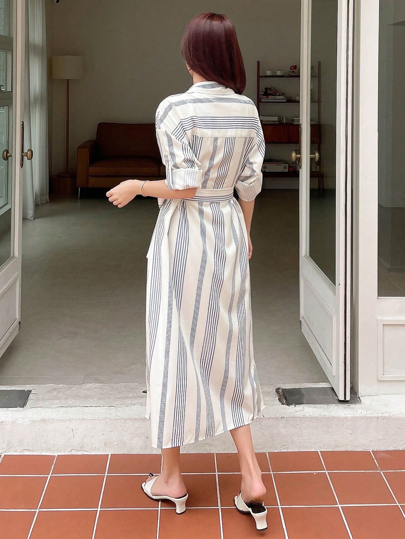 Striped Print Belted Shirt Dress｜DAZY