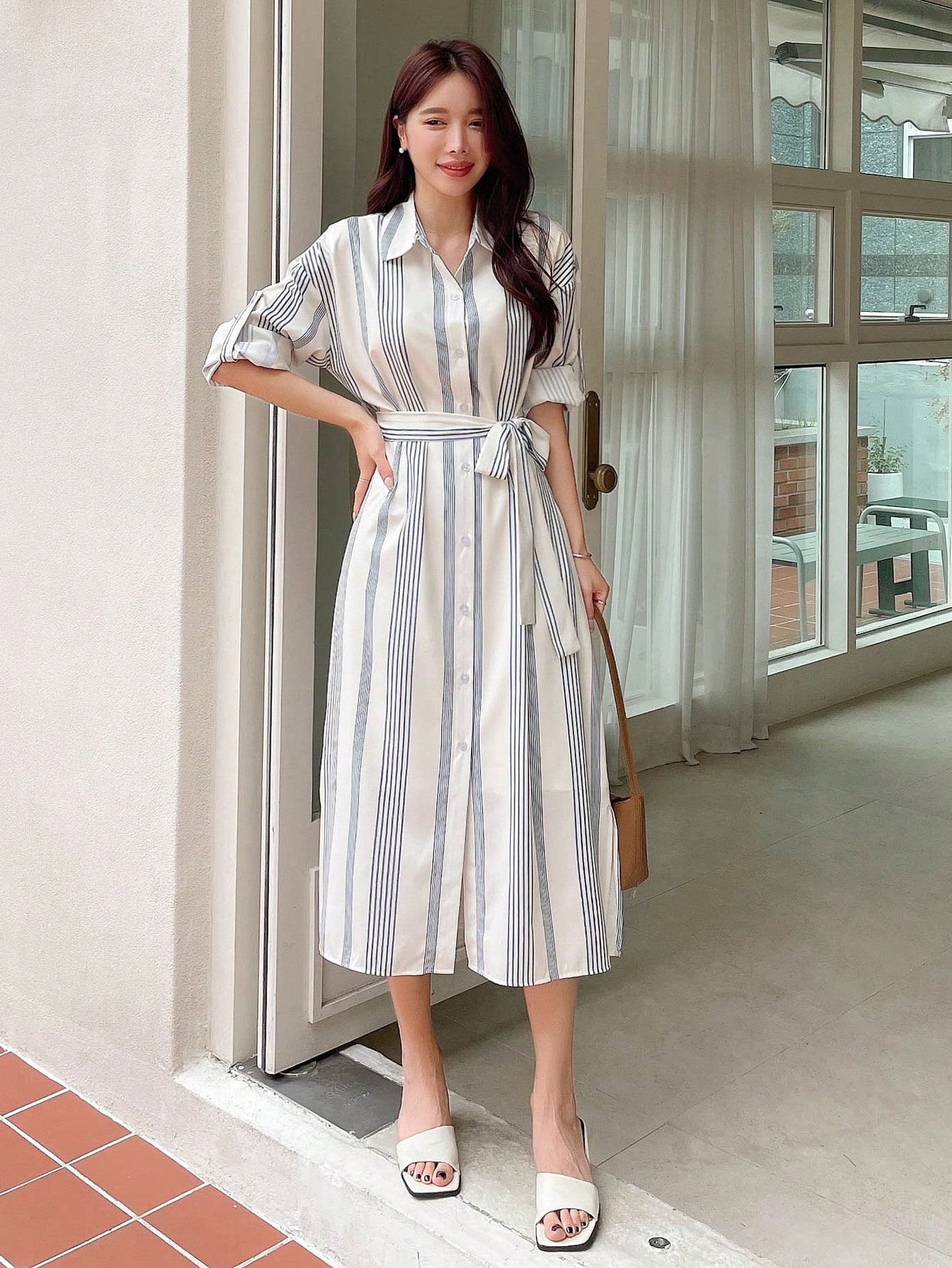 ●depound● Open collar shirt dress beige stripe DP2434OP003 Striped Print Belted Shirt Dress|DAZY