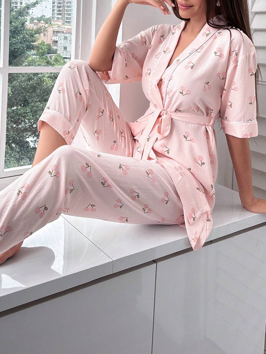 Cherry Print Belted PJ Set / Pajama Set