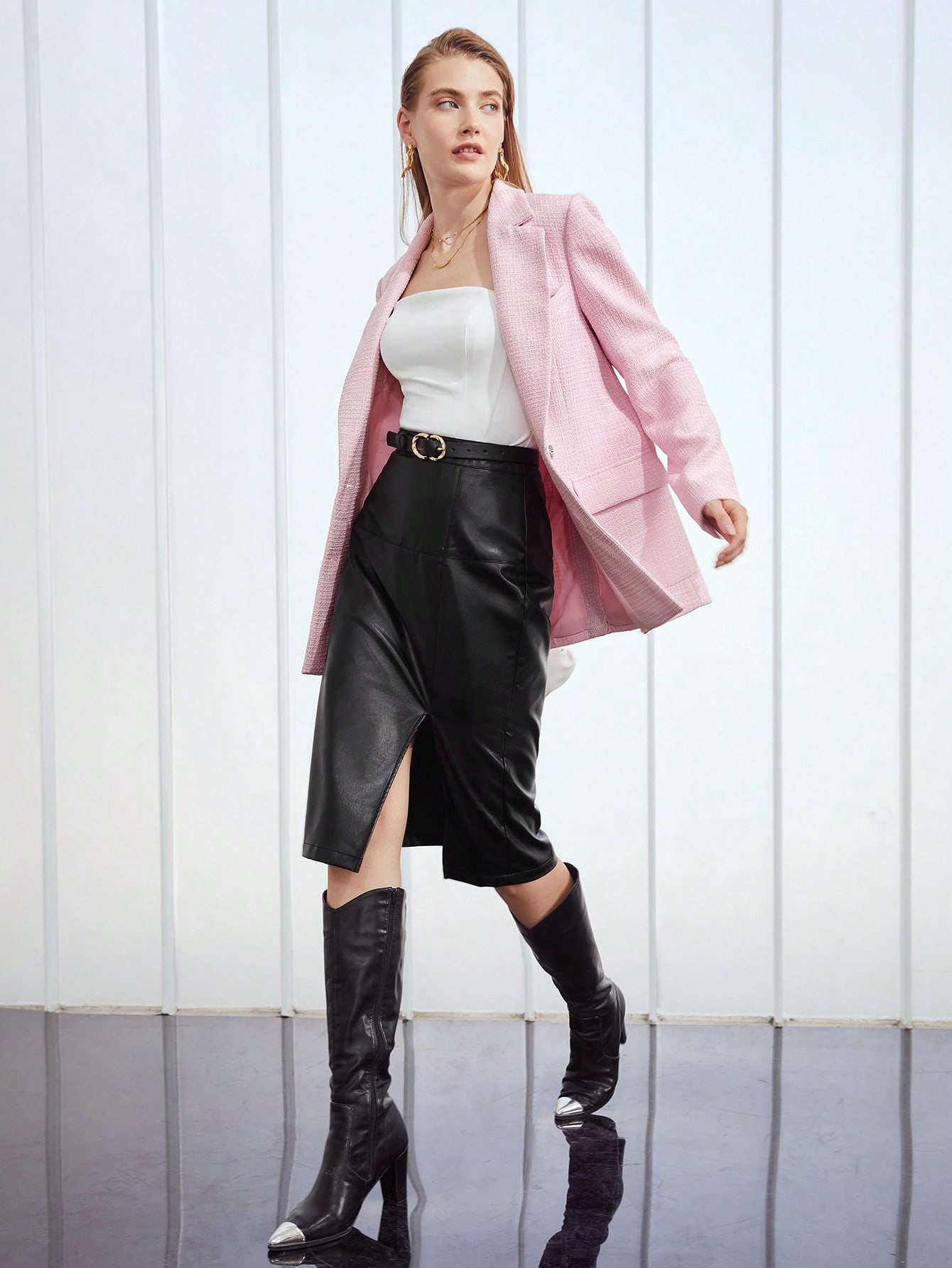 KNEE-LENGTH PU LEATHER SKIRT｜Motf