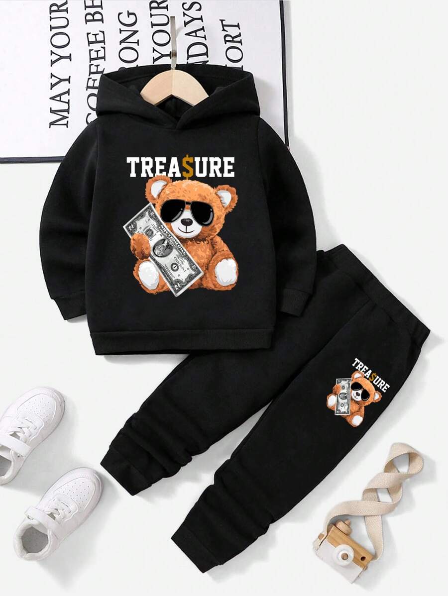 SHEIN Young Boy Bear And Letter Graphic Thermal Lined Hoodie & Pants