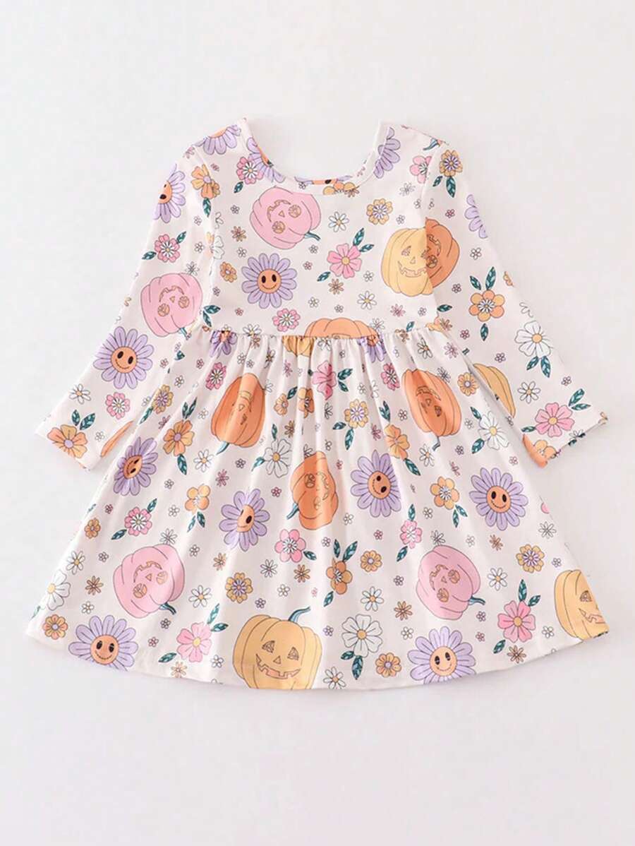 Robe décontractée à manches longues avec imprimé citrouille et monstre pour jeune fille, Halloween
