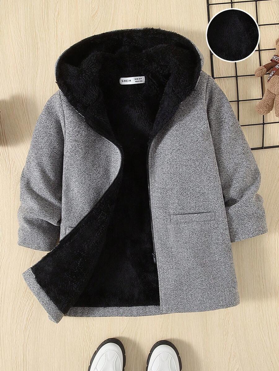SHEIN Young Boy Marled Knit Teddy Lined Hooded Overcoat