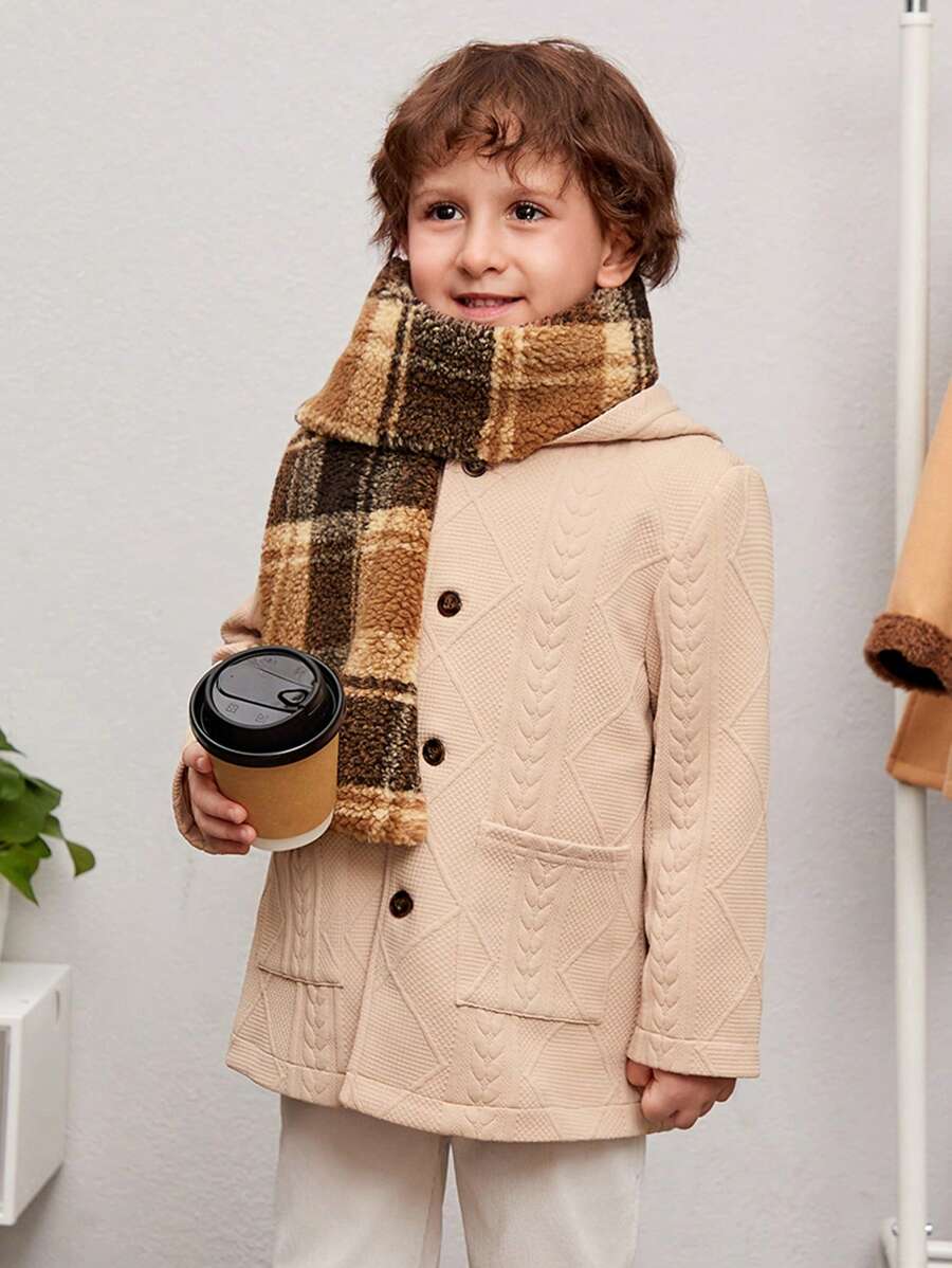 SHEIN Chaqueta casual holgada con cuello vuelto y bolsillos dobles, y bufanda de felpa a cuadros estilo teddy, conjunto de estilo callejero informal para niños, para otoño e invierno