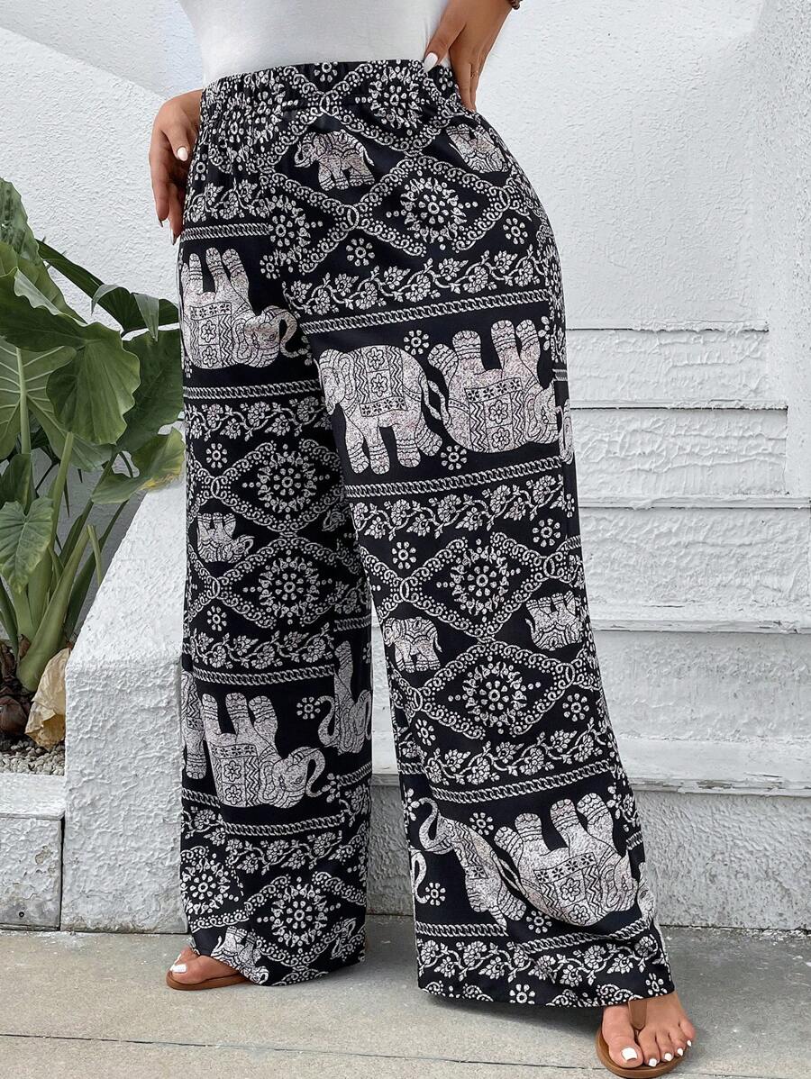 SHEIN VCAY Pantalones rectos de verano con estampado total de talla grande