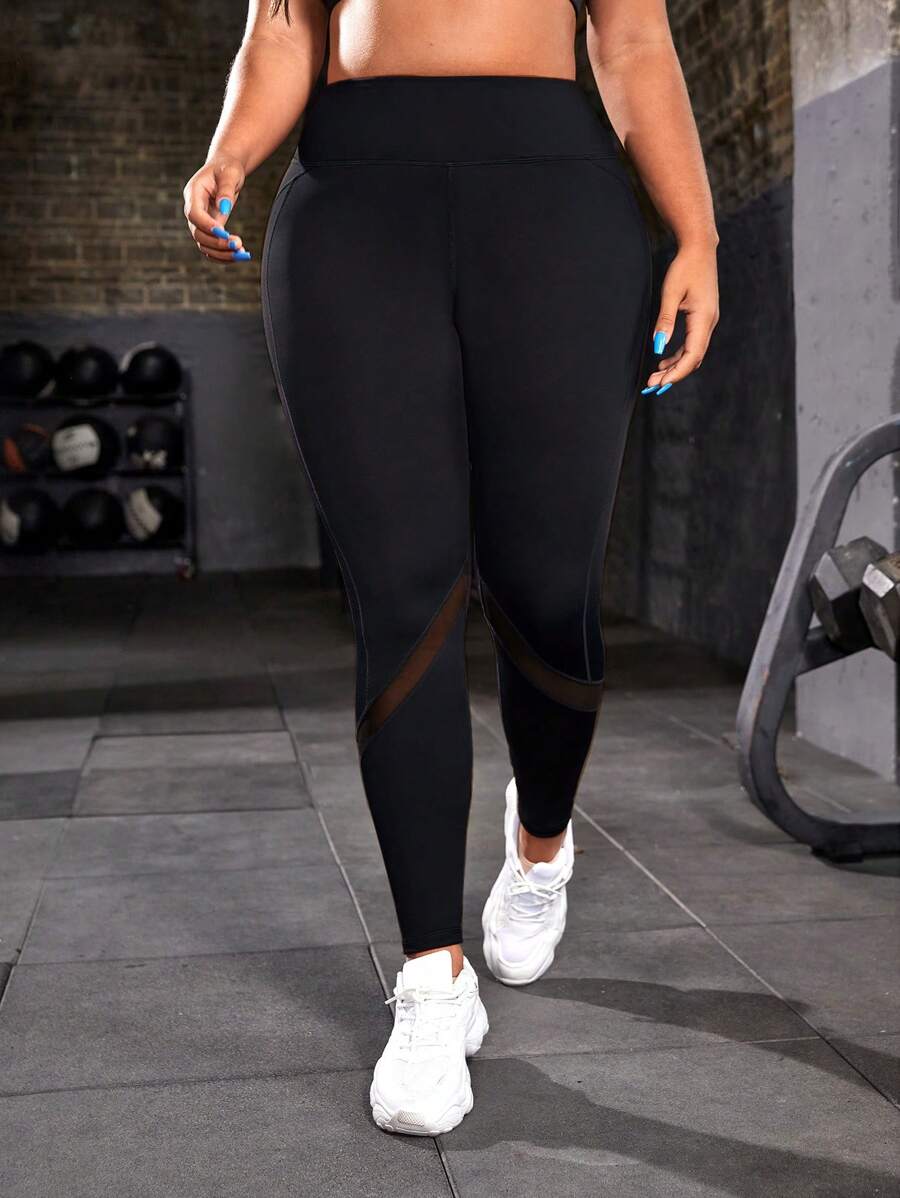 SHEIN Sport Studio Plus Contrast Mesh Wideband Waist Sports Leggings