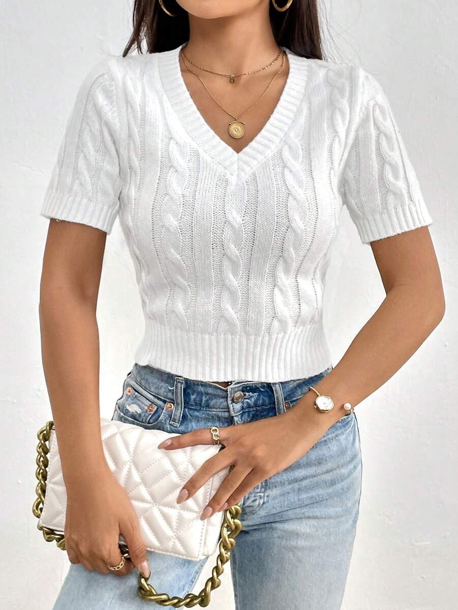 SHEIN Essnce Solid Cable Knit V Neck Crop Knit Top