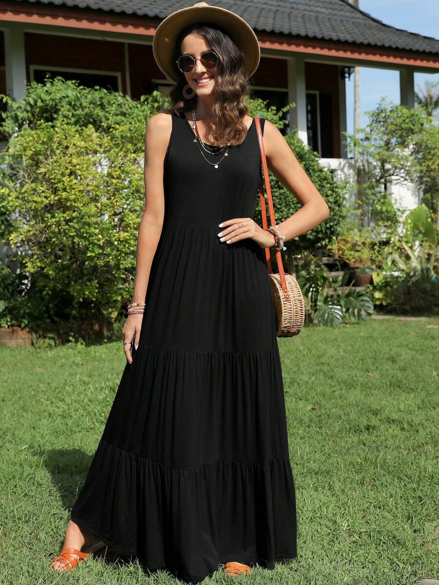 SHEIN LUNE Solid Ruffle Hem Smock Dress