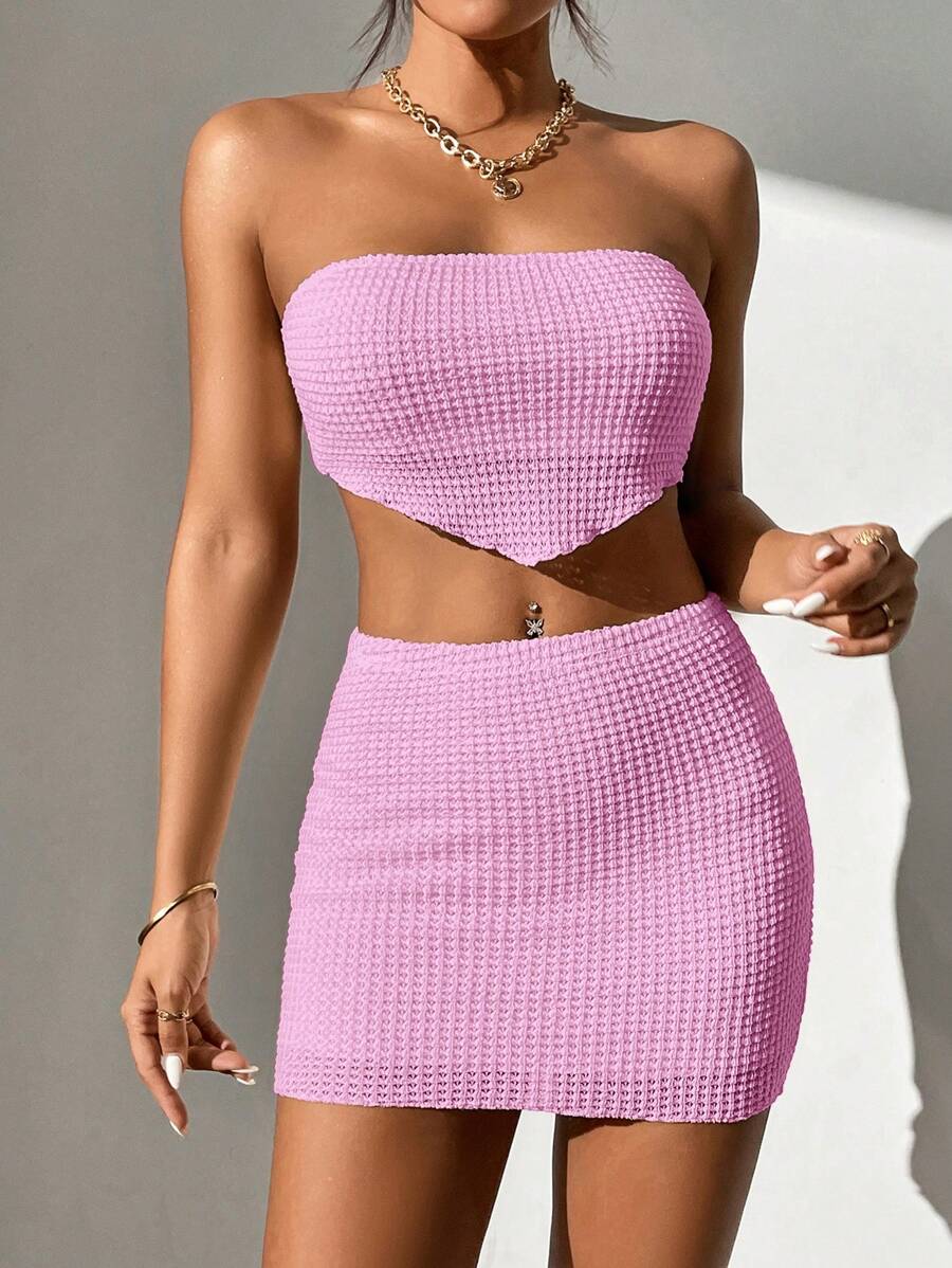 SHEIN PETITE موحدة اللون هافة باندانا لباس علوي انبوب قصير & تنورة ضيقة