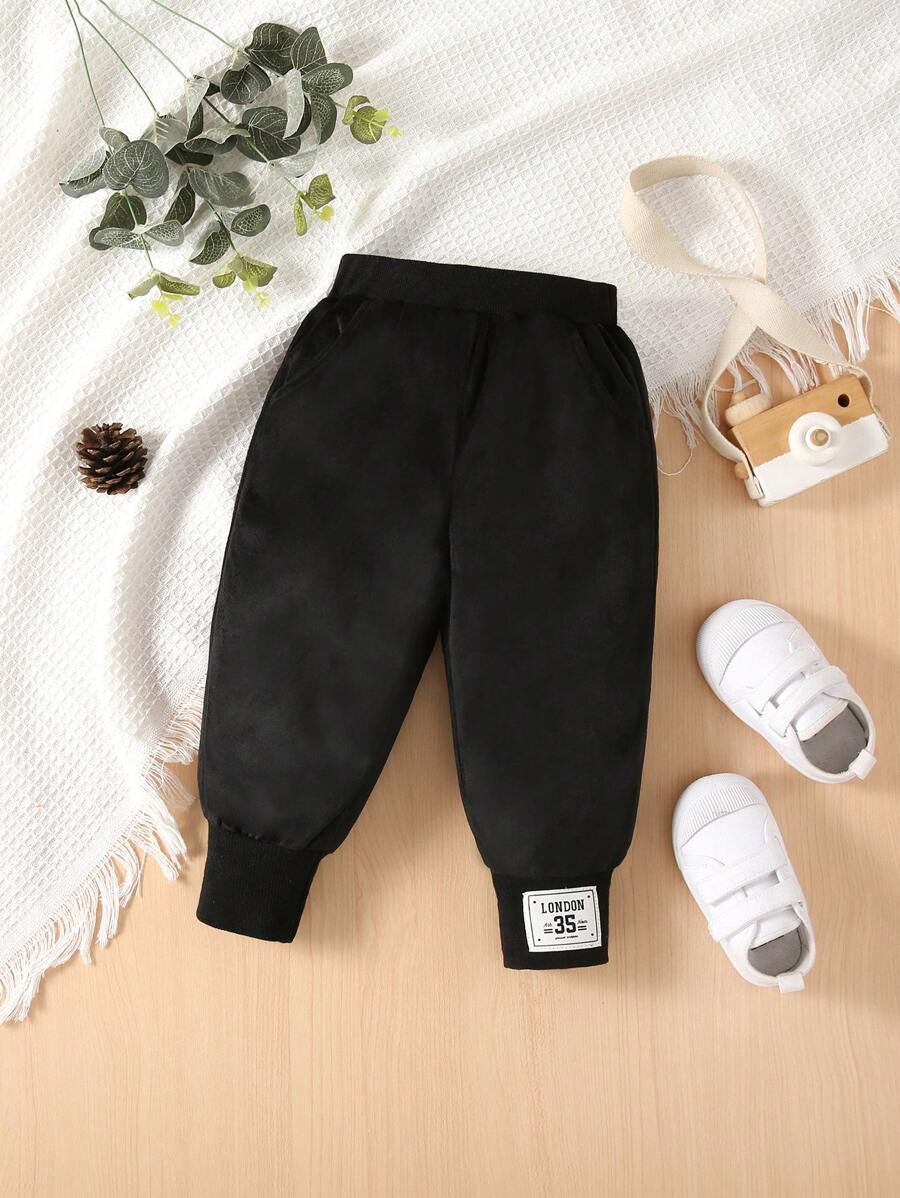 Baby Boy Black Thickened Classic Bottoms For Autumn And Winter