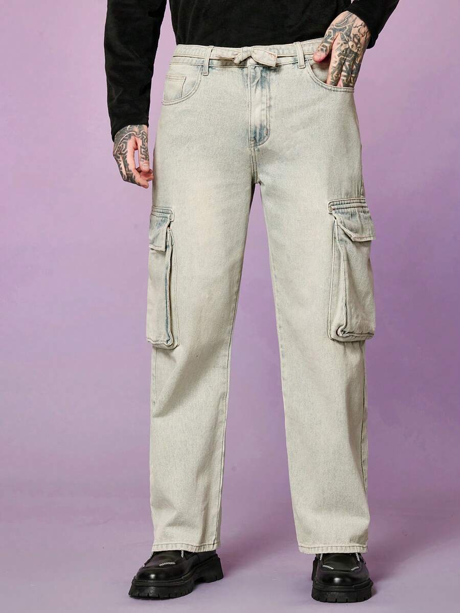 Manfinity Homme Men Flap Pocket Side Cargo Jeans