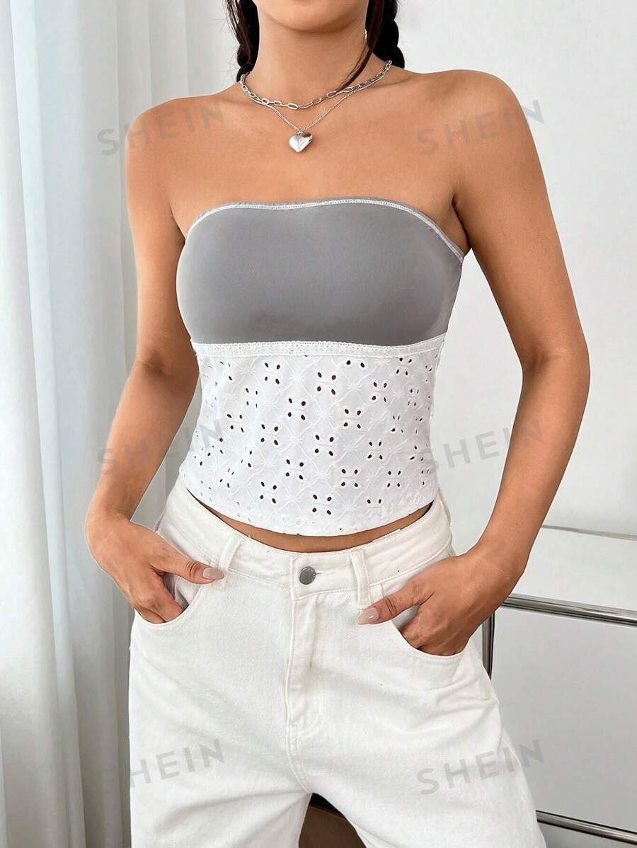 SHEIN EZwear Top bandeau de dos tonos con bordado con ojal