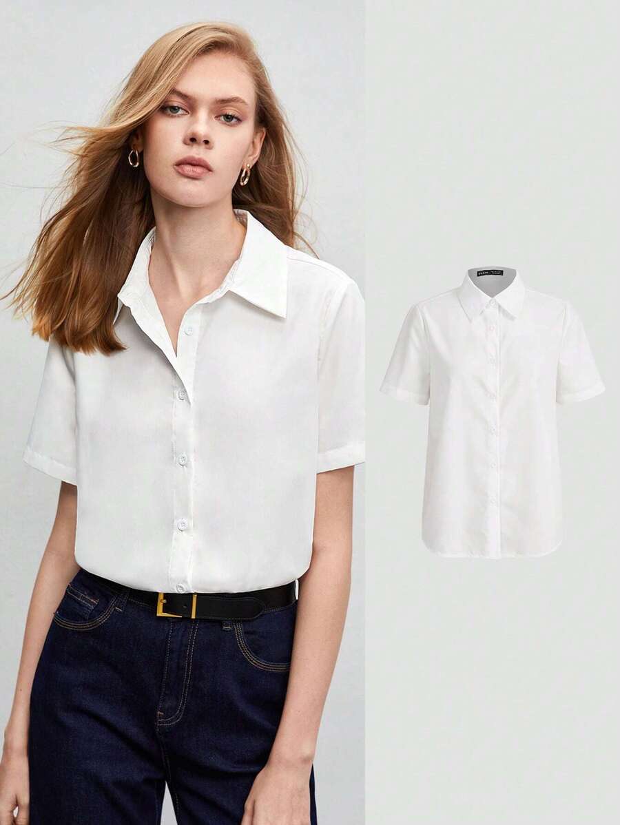 BizChic Women's Loose Solid Color Button Front Shirt, White Button Blouse, Casual Short Sleeve Top